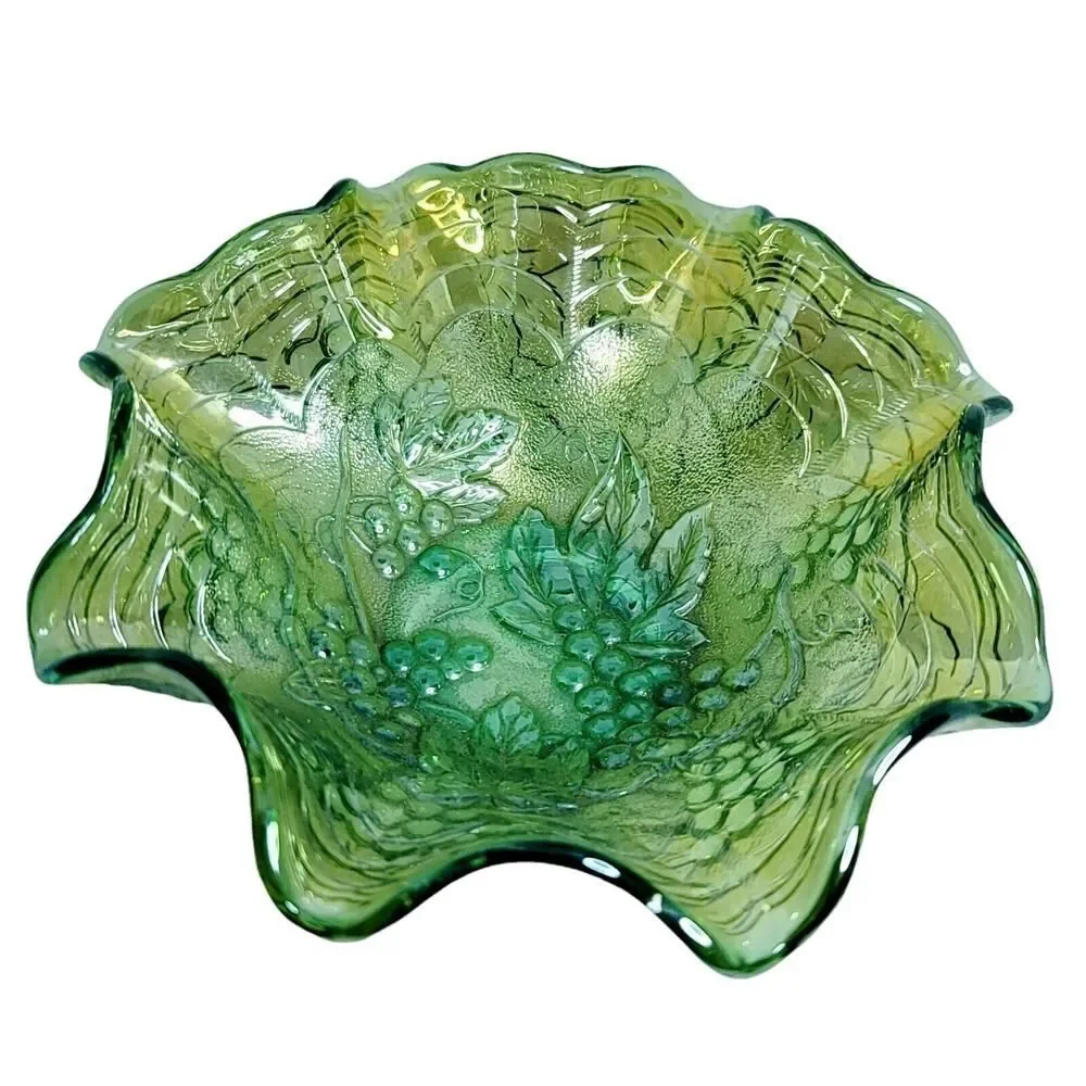 Vintage Imperial Carnival Glass Green‎ Ruffled Bowl Grapes Uranium?